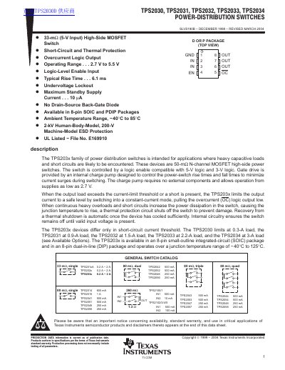 TEXAS INSTRUMENTS TPS2030 TPS2031 TPS2032 TPS2033 TPS2034 POWER-DISTRIBUTION SWITCHES handbook