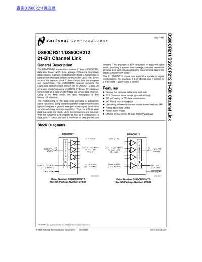 National Semiconductor DS90CR211/DS90CR212 21-Bit Channel Link Datasheet - cover page