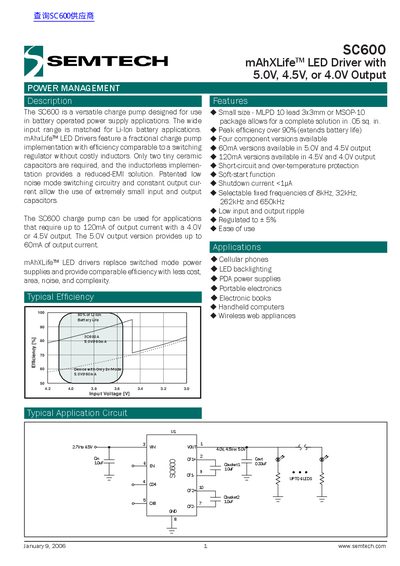 Semtech SC600 mAhXLife Charge Pump Datasheet - cover page