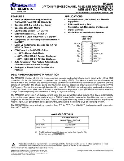TEXAS INSTRUMENTS MAX3227 3-V TO 5.5-V SINGLE-CHANNEL RS-232 LINE DRIVER/RECEIVER WITH &plusmn;15-kV ESD PROTECTION Data Sheet  - cover page