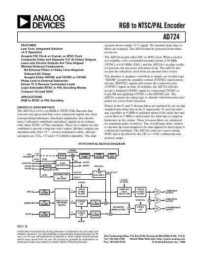 Analog Devices AD724 RGB to NTSC/PAL Encoder Datasheet - cover page