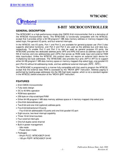 Winbond W78C438C Preliminary Manual - cover page