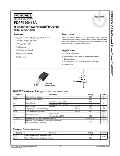 Fairchild FDPF190N15A N-Channel PowerTrench MOSFET Datasheet - cover page