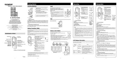 OLYMPUS DIGITAL VOICE RECORDER VN-120 VN-240 VN-480 VN-120PC VN-240PC VN-480PC INSTRUCTIONS - cover page