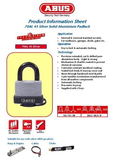 ABUS Product Information Sheet 70AL 45 Silver Solid Aluminium Padlock - cover page