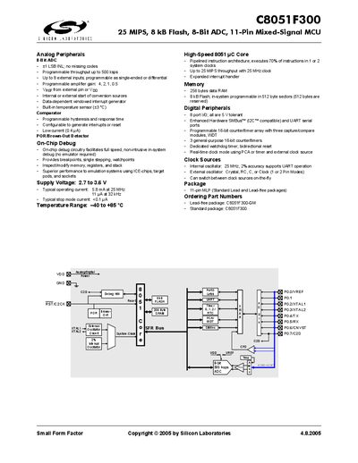 SILICON LABORATORIES C8051F300 25 MIPS 8 kB Flash 8-Bit ADC 11-Pin Mixed-Signal MCU handbook - cover page