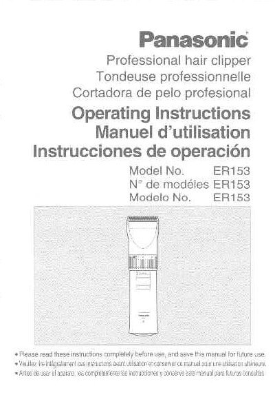 Panasonic ER153 Professional Hair Clipper Operating Instructions - cover page