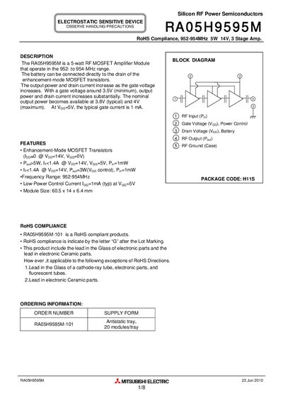 Mitsubishi Electric RA05H9595M RF Power Amplifier Module Datasheet - cover page