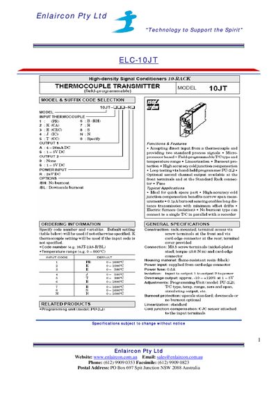 Enlaircon 10JT Thermocouple Transmitter Datasheet - cover page