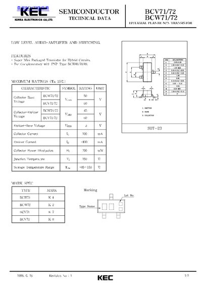 KEC BCV71/72 BCW71/72 Epitaxial Planar NPN Transistor Datasheet - cover page