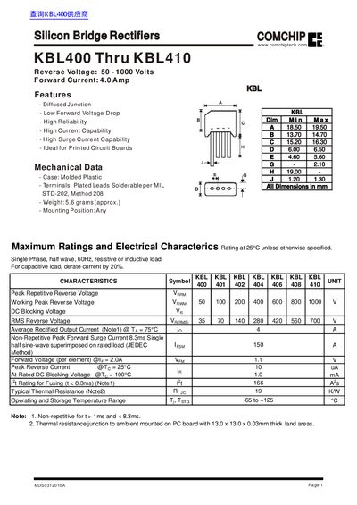 COMCHIP KBL400 thru KBL410 Silicon Bridge Rectifier Datasheet - cover page