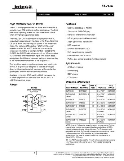 Intersil EL7156 Pin Driver Datasheet