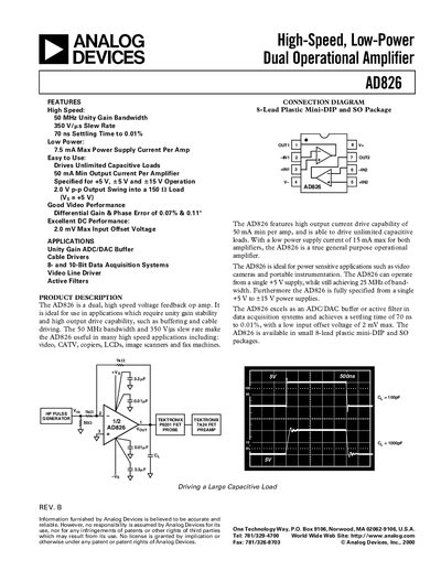 Analog Devices AD826 Dual Operational Amplifier Datasheet - cover page