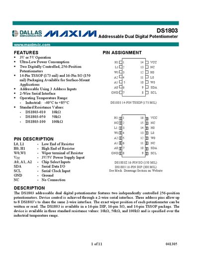 Maxim DS1803 Addressable Dual Digital Potentiometer Datasheet - cover page