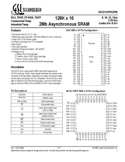 Giga Semiconductor GS72116TP/J/T/U 128K x 16 SRAM Datasheet - cover page