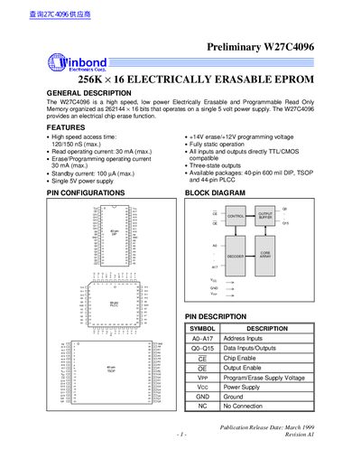 Winbond W27C4096 EPROM Datasheet - cover page