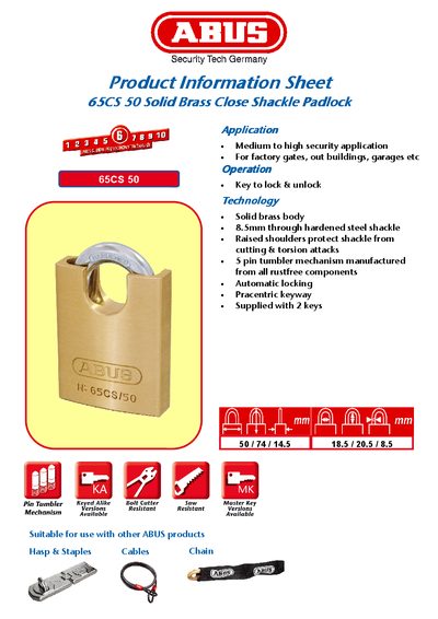 ABUS 65CS 50 Padlock Product Information Sheet - cover page