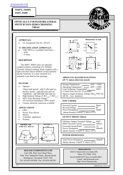 ISOCOM IS607X/IS608X Optically Coupled Bilateral Switch Non-Zero Crossing Triac Datasheet - cover page