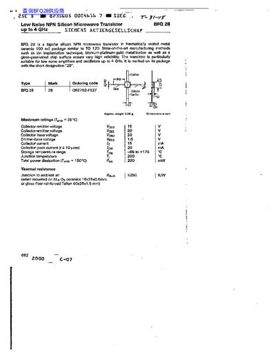 Siemens BFQ 28 Low Noise NPN Silicon Microwave Transistor Datasheet - cover page