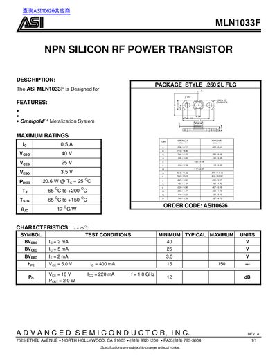 ASI MLN1033F NPN Silicon RF Power Transistor Datasheet - cover page