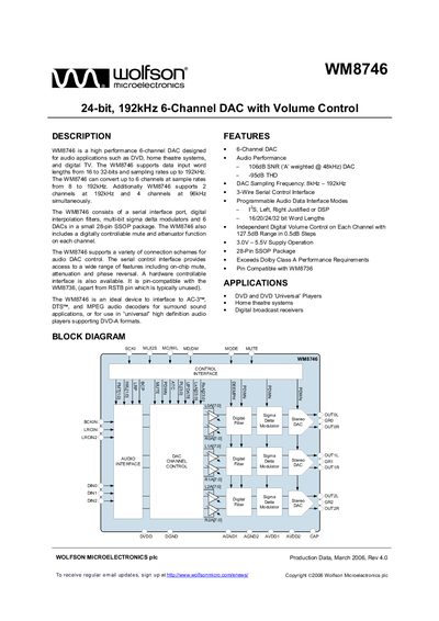 wolfson WM8746 24-bit 192kHz 6-Channel DAC with Volume Control - cover page
