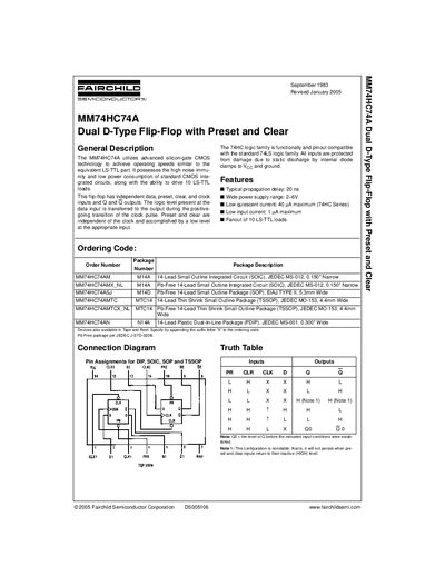 Fairchild MM74HC74A Dual D-Type Flip-Flop with Preset and Clear Datasheet - cover page