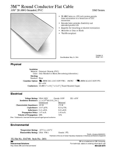 3M Round Conductor Flat Cable .050&Prime; 28 AWG Stranded PVC - cover page