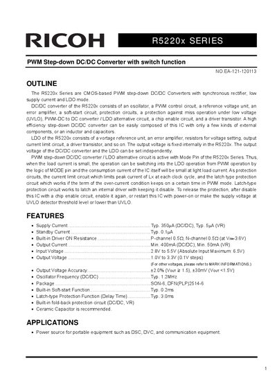 Ricoh R5220x Series PWM Step-down DC/DC Converter Datasheet