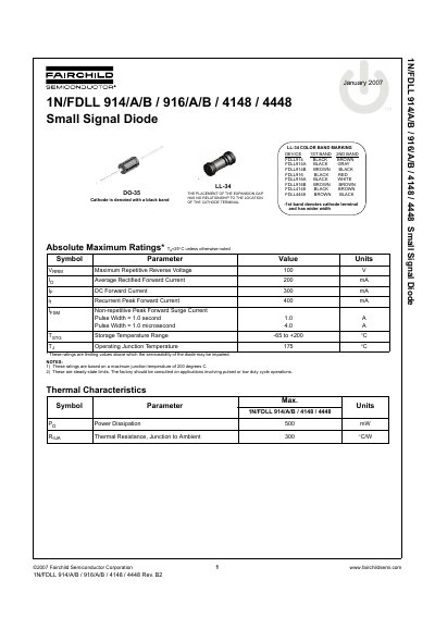 Fairchild 1N/FDLL 914/A/B / 916/A/B / 4148 / 4448 Small Signal Diode Datasheet - cover page