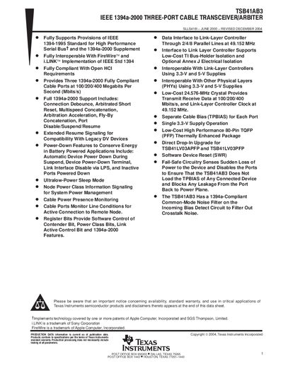 Texas Instruments TSB41AB3 Three-Port Cable Transceiver/Arbiter Datasheet