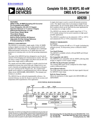 Analog Devices AD9200 10-Bit 20 MSPS CMOS A/D Converter Datasheet - cover page
