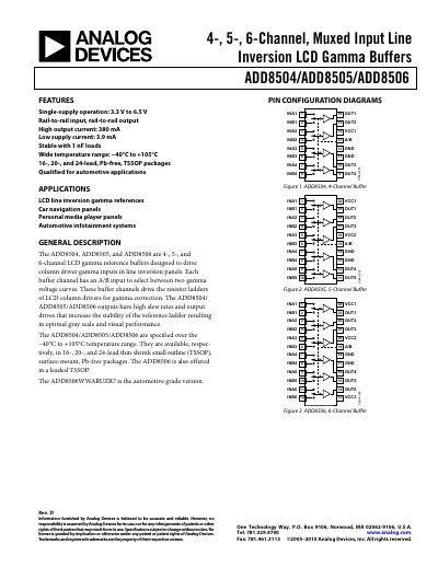 Analog Devices ADD8504/ADD8505/ADD8506 LCD Gamma Buffers Datasheet