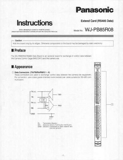 Panasonic WJPB85R08 RS-485 Data Board Installation Instructions - cover page