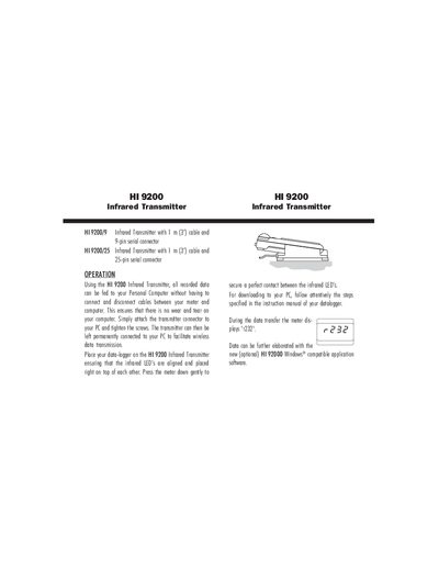 Hanna Instruments HI 9200 Infrared Transmitter Instruction Manual - cover page