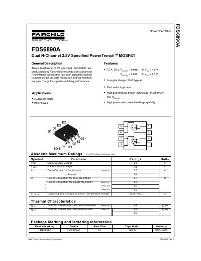 Fairchild FDS6890A Dual N-Channel MOSFET Datasheet - cover page