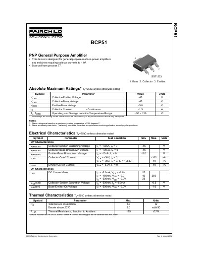 Fairchild Semiconductor BCP51 PNP General Purpose Amplifier Datasheet - cover page