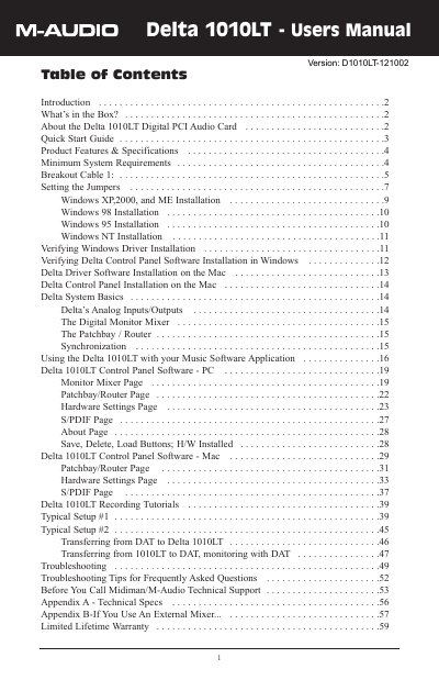 M‑Audio Delta 1010LT Digital PCI Audio Card User Manual - cover page