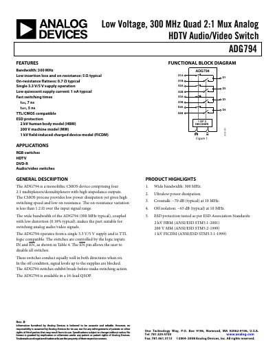 Analog Devices ADG794 Low Voltage 300 MHz Quad 2:1 Mux Datasheet - cover page