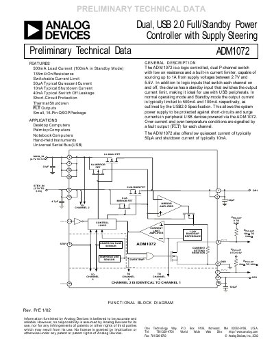 Analog Devices ADM1072 Dual USB Power Controller Datasheet