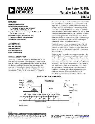 Analog Devices AD603 Low Noise Variable Gain Amplifier Datasheet - cover page