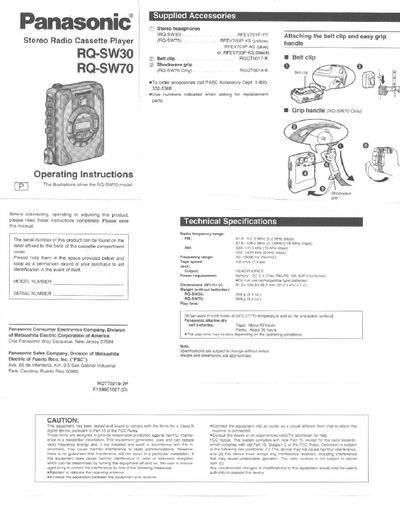Panasonic RQ-SW30 Stereo Radio Cassette Player Operating Instructions - cover page