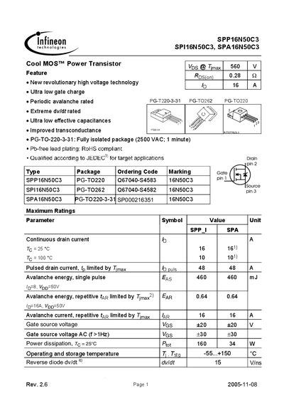 Infineon SPP16N50C3 / SPI16N50C3 / SPA16N50C3 Datasheet