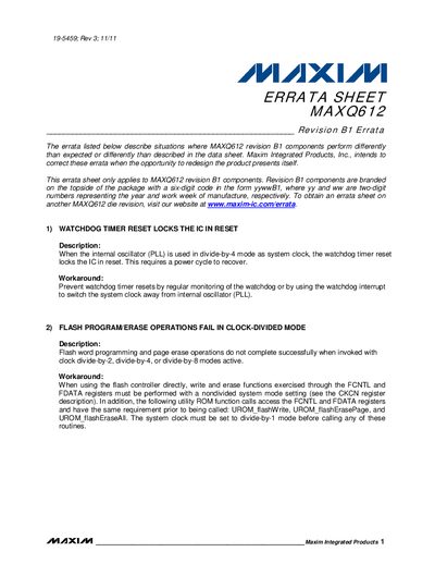 Maxim MAXQ612 Errata Sheet - cover page