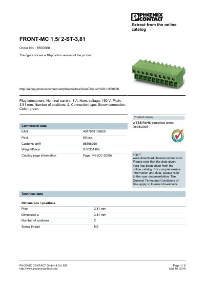 Phoenix Contact FRONT-MC 1,5/ 2-ST-3,81 Datasheet - cover page