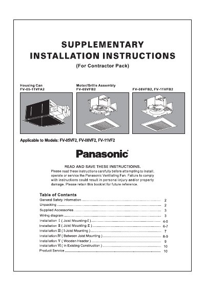 Panasonic FV-05VF2/FV-08VF2/FV-11VF2 Installation Instructions - cover page