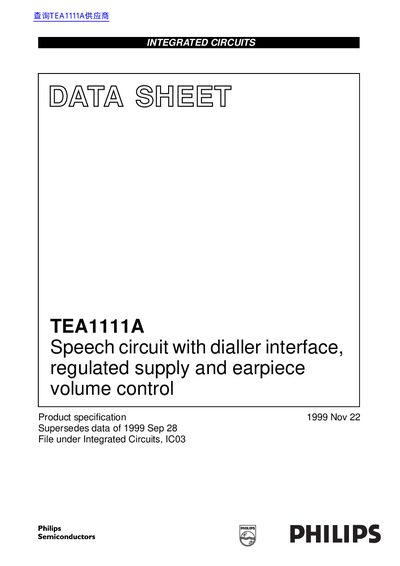 Philips TEA1111A Speech Circuit with Dialler Interface Datasheet - cover page