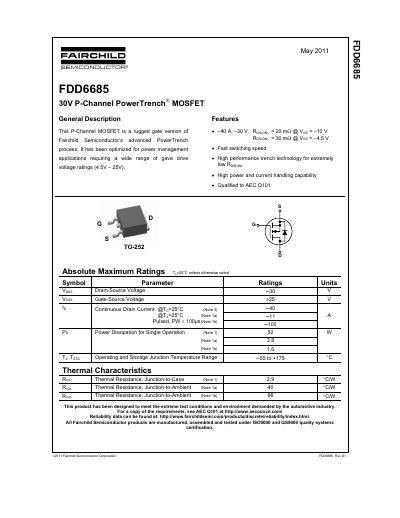 Fairchild Semiconductor FDD6685 P-Channel MOSFET Datasheet - cover page