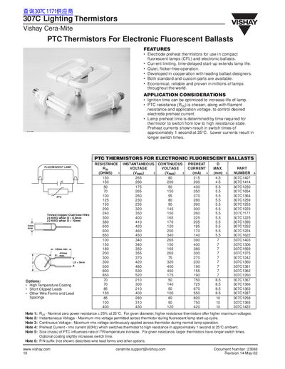 Vishay 307C Lighting Thermistors Datasheet - cover page