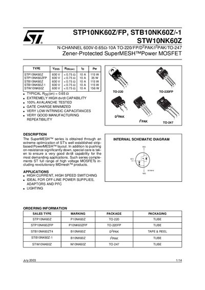 STMICROELECTRONICS STP10NK60Z/FP STB10NK60Z/-1 STW10NK60Z handbook - cover page