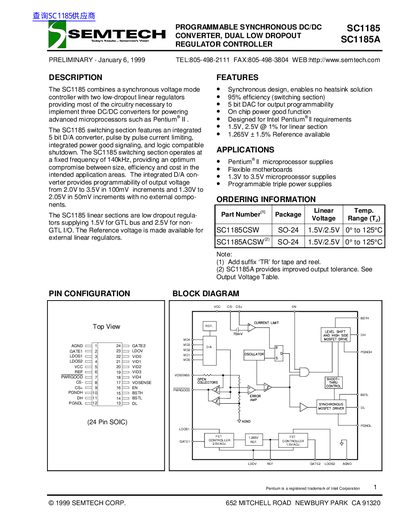 Semtech SC1185/SC1185A Programmable Synchronous DC/DC Converter Datasheet - cover page